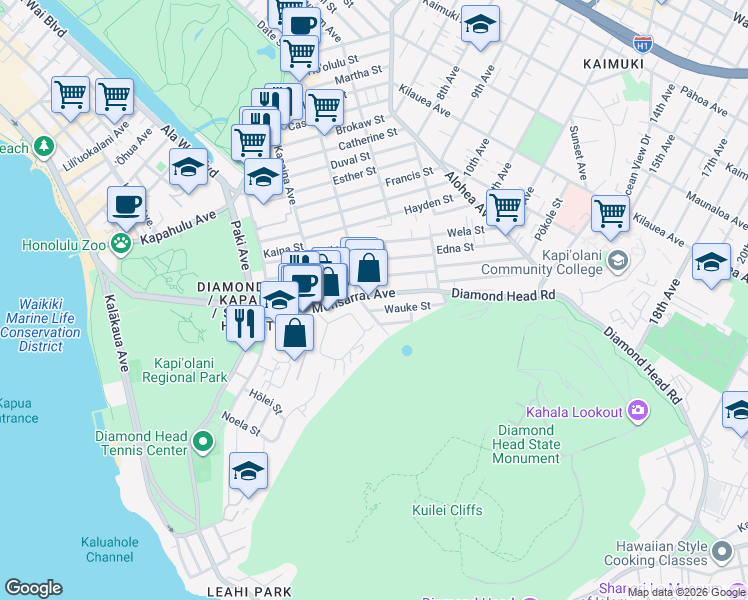 map of restaurants, bars, coffee shops, grocery stores, and more near 3227 Kaunaoa Street in Honolulu