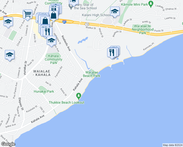 map of restaurants, bars, coffee shops, grocery stores, and more near 4925 Kahala Avenue in Honolulu