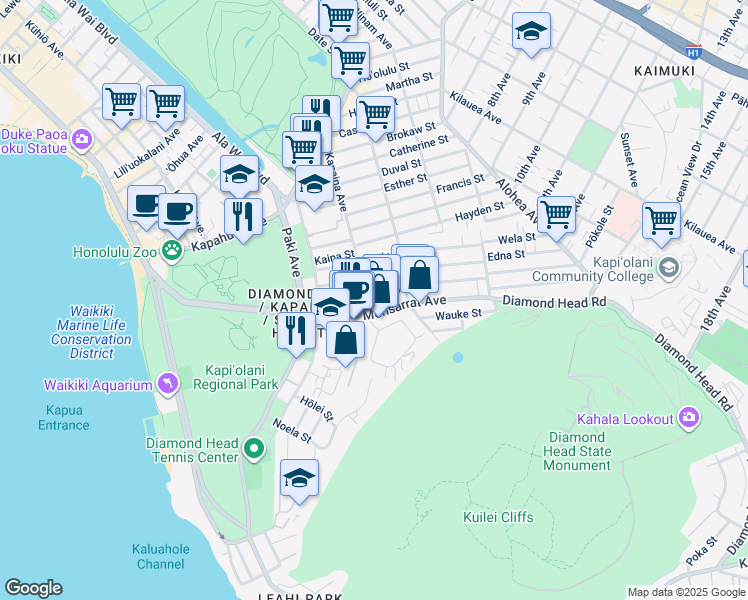 map of restaurants, bars, coffee shops, grocery stores, and more near 3114 Monsarrat Avenue in Honolulu
