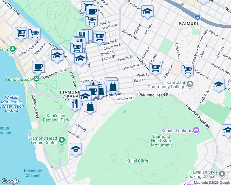 map of restaurants, bars, coffee shops, grocery stores, and more near 3227 Kaunaoa Street in Honolulu