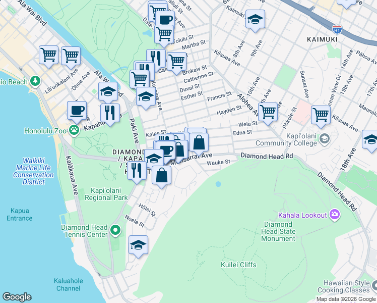 map of restaurants, bars, coffee shops, grocery stores, and more near in Honolulu