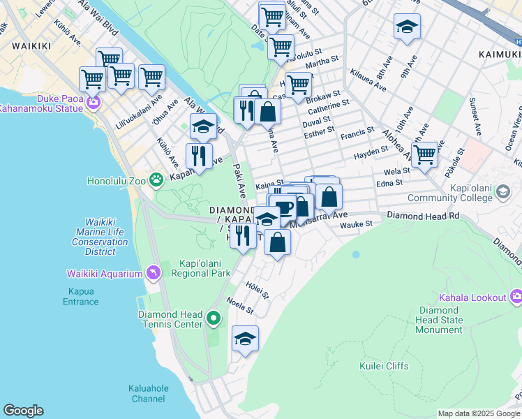 map of restaurants, bars, coffee shops, grocery stores, and more near 3630 Leahi Avenue in Honolulu
