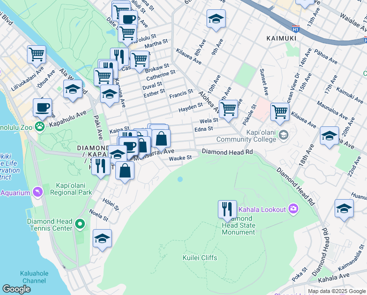 map of restaurants, bars, coffee shops, grocery stores, and more near 3324 Monsarrat Avenue in Honolulu