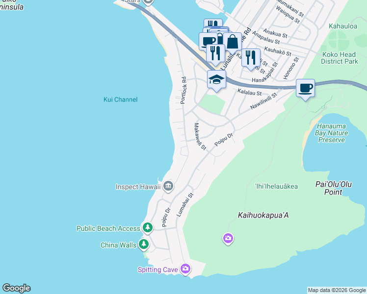 map of restaurants, bars, coffee shops, grocery stores, and more near 459 Portlock Road in Honolulu