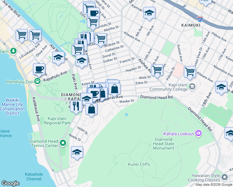 map of restaurants, bars, coffee shops, grocery stores, and more near 3227 Kaunaoa Street in Honolulu
