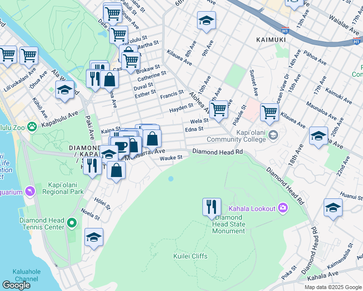map of restaurants, bars, coffee shops, grocery stores, and more near 3324 Monsarrat Avenue in Honolulu