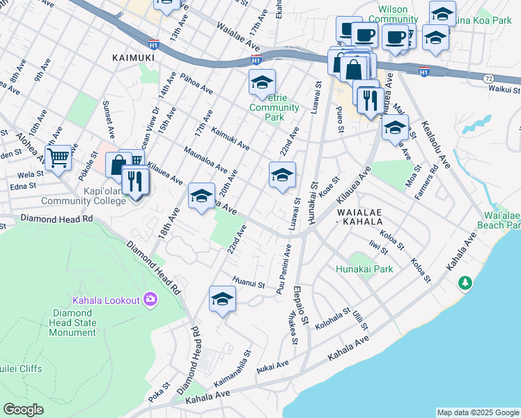map of restaurants, bars, coffee shops, grocery stores, and more near 725A 22nd Avenue in Honolulu