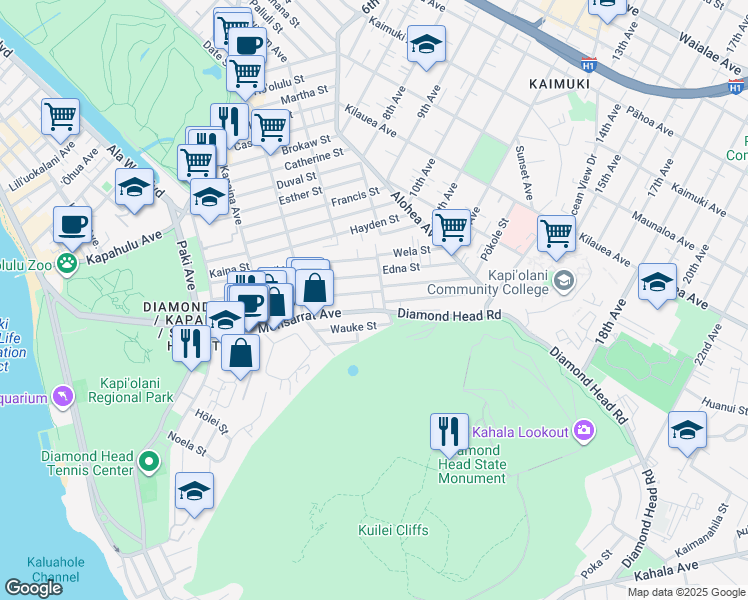 map of restaurants, bars, coffee shops, grocery stores, and more near 3324 Monsarrat Avenue in Honolulu
