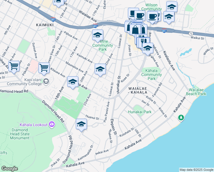 map of restaurants, bars, coffee shops, grocery stores, and more near 725 Luakaha Street in Honolulu