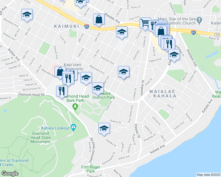 map of restaurants, bars, coffee shops, grocery stores, and more near 715 21st Avenue in Honolulu