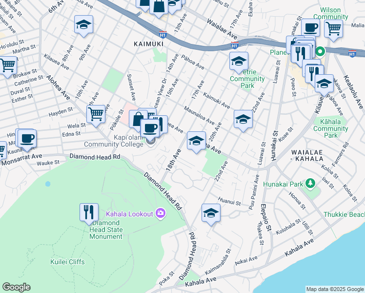map of restaurants, bars, coffee shops, grocery stores, and more near 637 18th Avenue in Honolulu