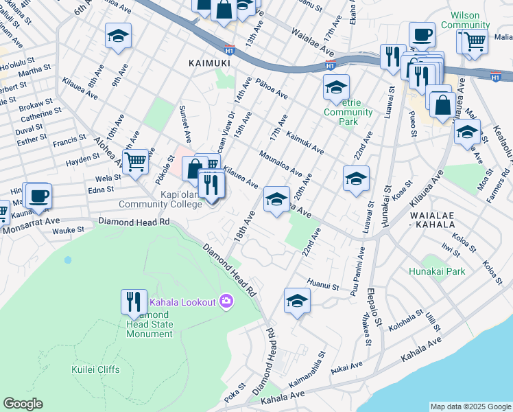 map of restaurants, bars, coffee shops, grocery stores, and more near 637 18th Avenue in Honolulu
