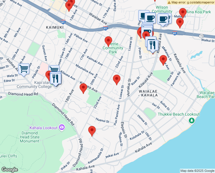 map of restaurants, bars, coffee shops, grocery stores, and more near 747 22nd Avenue in Honolulu