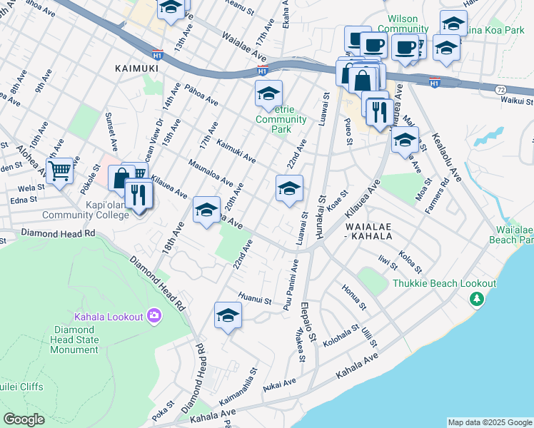 map of restaurants, bars, coffee shops, grocery stores, and more near 725A 22nd Avenue in Honolulu