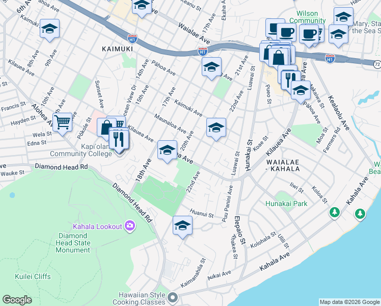 map of restaurants, bars, coffee shops, grocery stores, and more near 4104 Kilauea Avenue in Honolulu