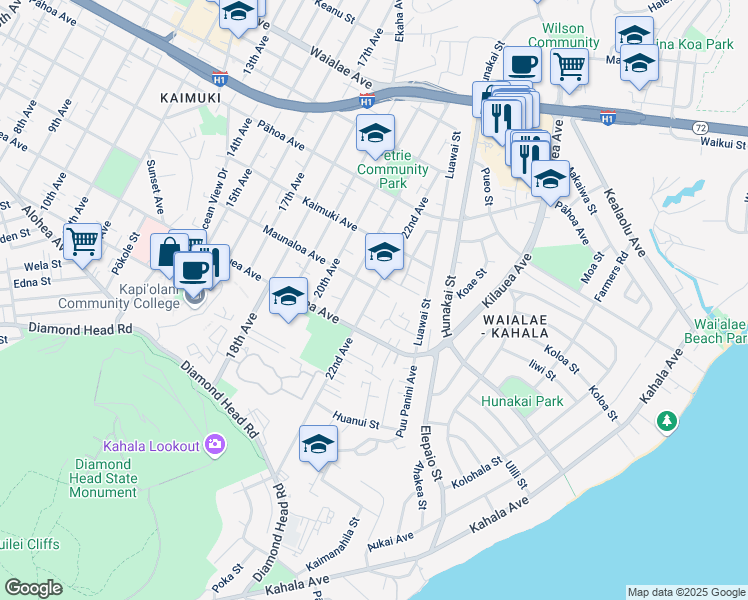 map of restaurants, bars, coffee shops, grocery stores, and more near 747 22nd Avenue in Honolulu