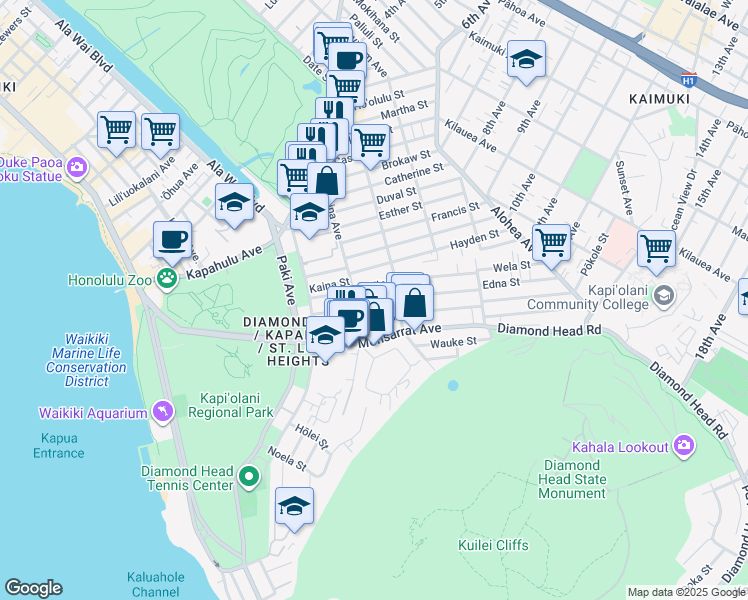 map of restaurants, bars, coffee shops, grocery stores, and more near 3151 Hinano Street in Honolulu