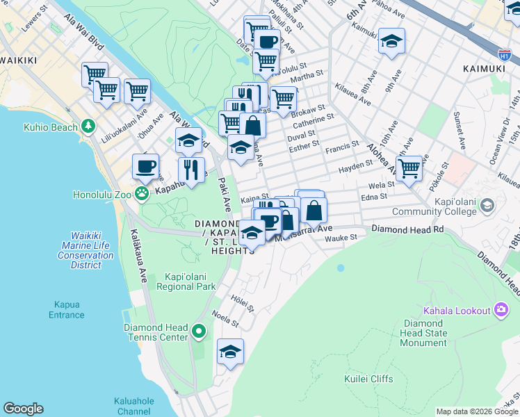 map of restaurants, bars, coffee shops, grocery stores, and more near 3037 Hinano Street in Honolulu