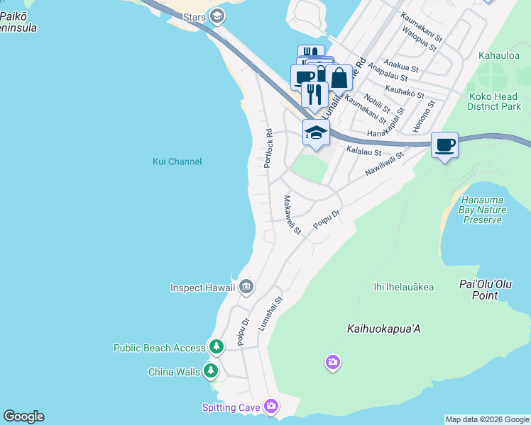 map of restaurants, bars, coffee shops, grocery stores, and more near 435 Portlock Road in Honolulu