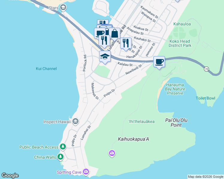 map of restaurants, bars, coffee shops, grocery stores, and more near 366 Poipu Drive in Honolulu