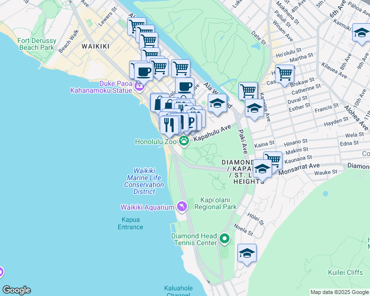 map of restaurants, bars, coffee shops, grocery stores, and more near 155 Kapahulu Avenue in Honolulu