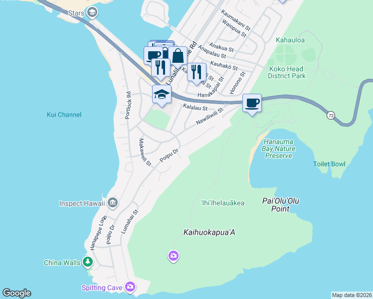 map of restaurants, bars, coffee shops, grocery stores, and more near 120-126 Polihale Place in Honolulu