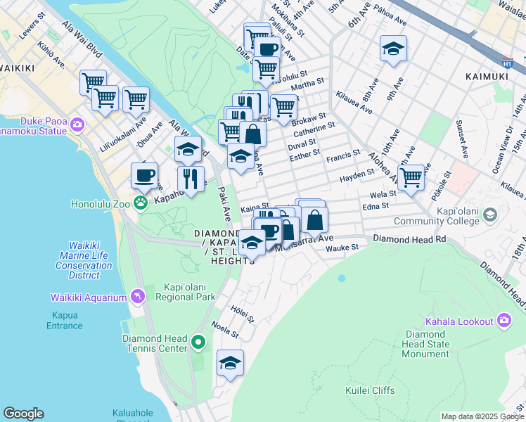map of restaurants, bars, coffee shops, grocery stores, and more near 3510 Kanaina Avenue in Honolulu