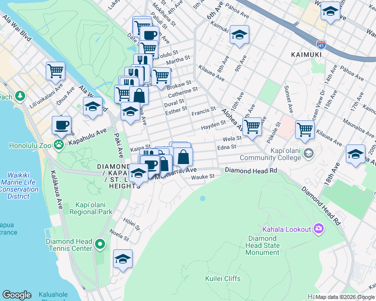 map of restaurants, bars, coffee shops, grocery stores, and more near 3238 Makini Street in Honolulu
