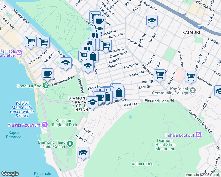 map of restaurants, bars, coffee shops, grocery stores, and more near 3151 Hinano Street in Honolulu