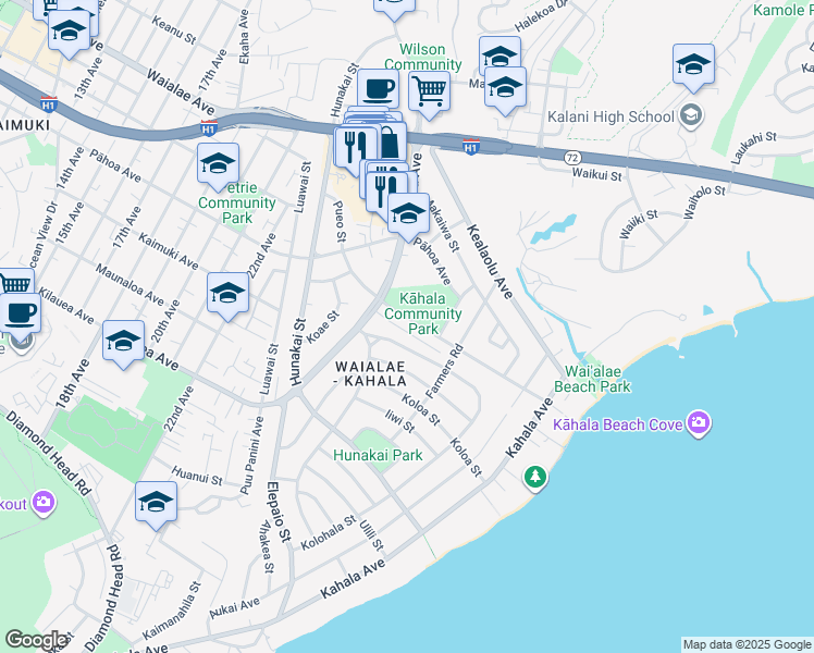 map of restaurants, bars, coffee shops, grocery stores, and more near 1128 Pueo Street in Honolulu
