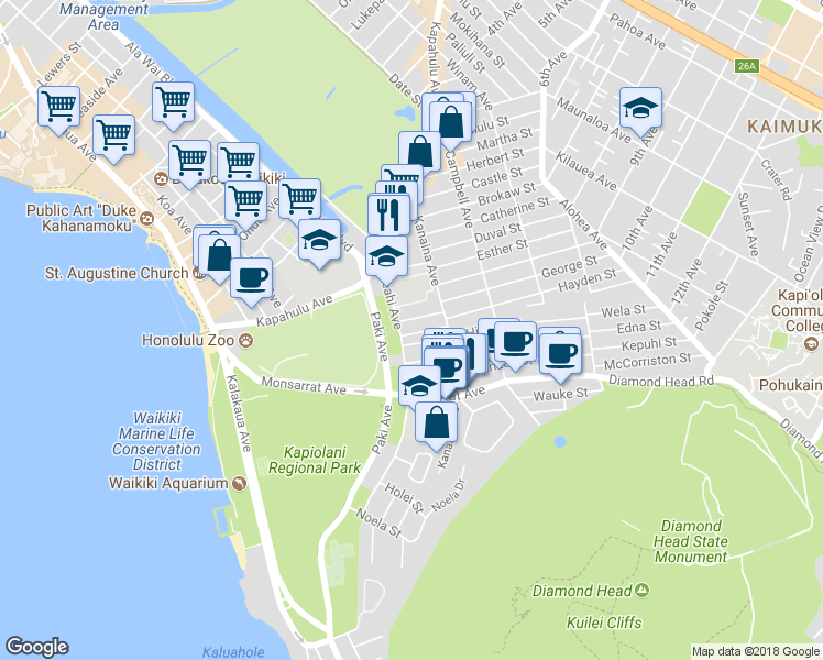 map of restaurants, bars, coffee shops, grocery stores, and more near 3015 Lakimau Street in Honolulu