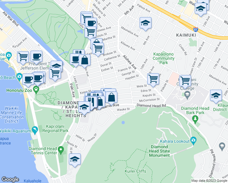 map of restaurants, bars, coffee shops, grocery stores, and more near 3237 Hinano Street in Honolulu