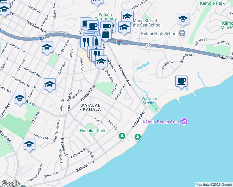 map of restaurants, bars, coffee shops, grocery stores, and more near 4700-4758 Moa Street in Honolulu