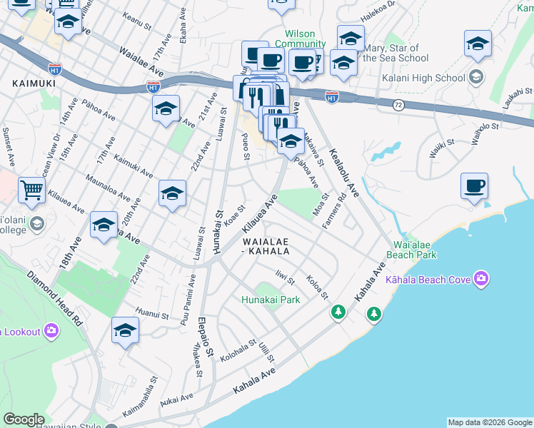 map of restaurants, bars, coffee shops, grocery stores, and more near 4457 Kilauea Avenue in Honolulu
