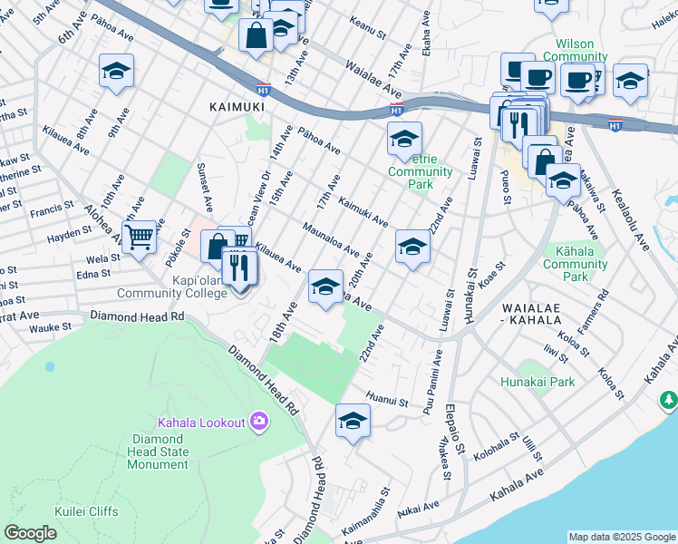 map of restaurants, bars, coffee shops, grocery stores, and more near 723 19th Avenue in Honolulu