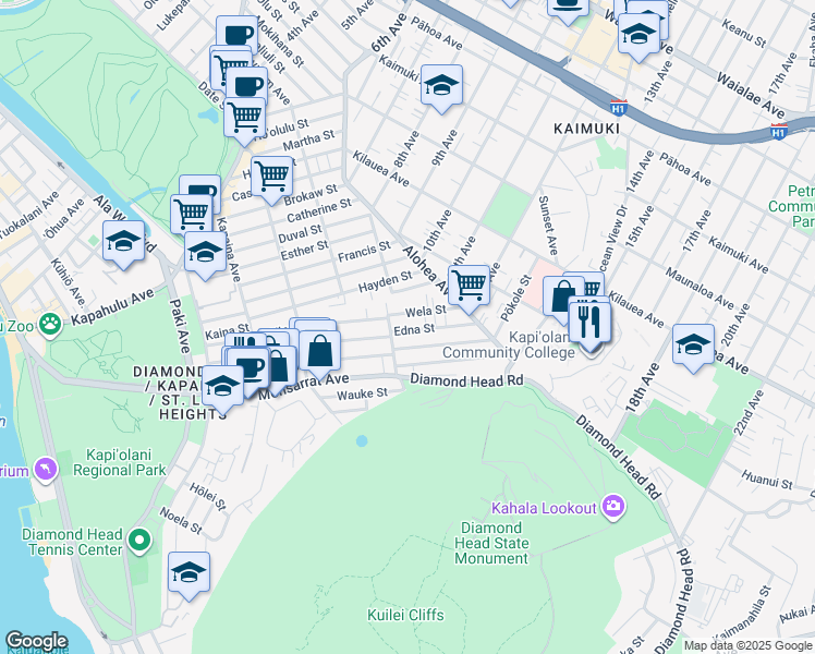 map of restaurants, bars, coffee shops, grocery stores, and more near 3422 Edna Street in Honolulu