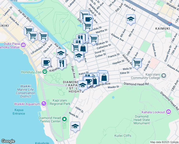 map of restaurants, bars, coffee shops, grocery stores, and more near 3510 Kanaina Avenue in Honolulu