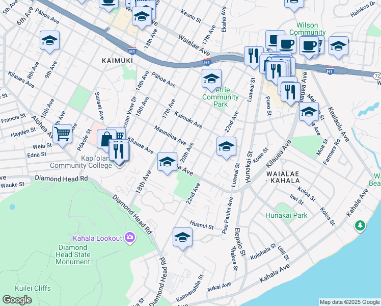 map of restaurants, bars, coffee shops, grocery stores, and more near 753 20th Avenue in Honolulu