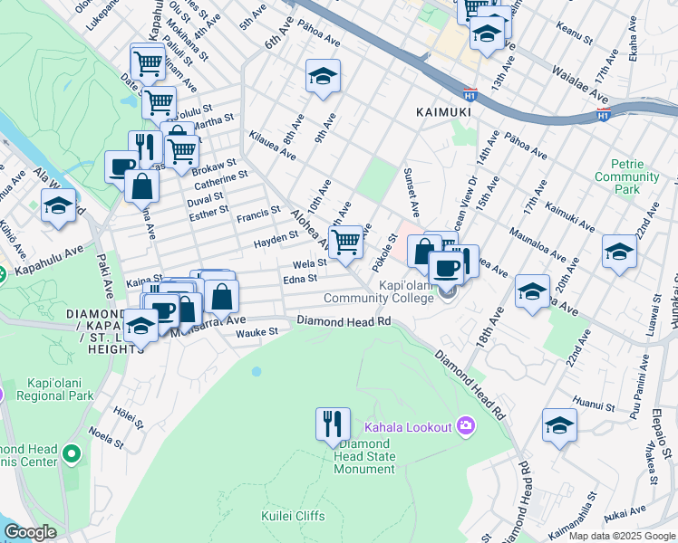 map of restaurants, bars, coffee shops, grocery stores, and more near 3532 Edna Street in Honolulu