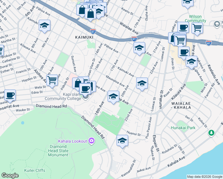 map of restaurants, bars, coffee shops, grocery stores, and more near 717 18th Avenue in Honolulu