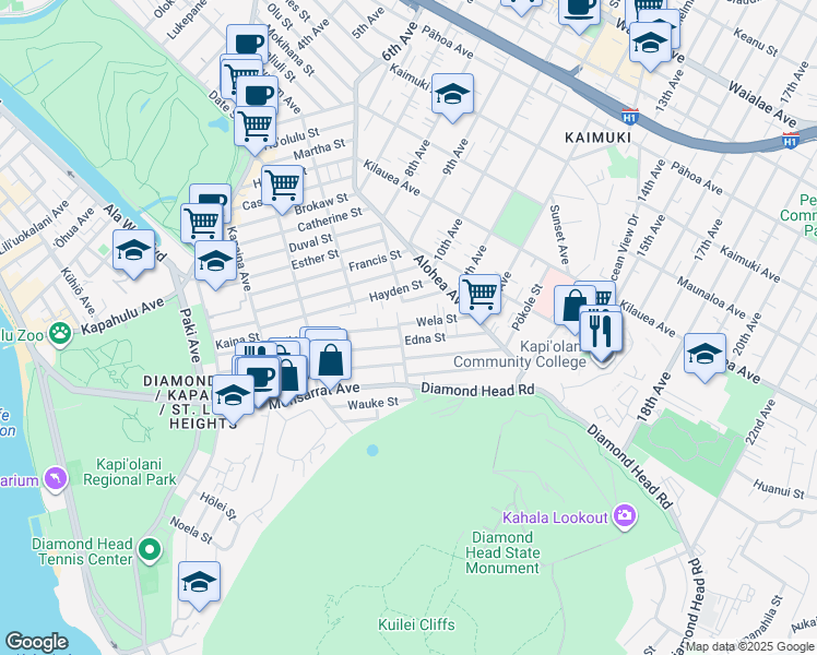 map of restaurants, bars, coffee shops, grocery stores, and more near 3422 Edna Street in Honolulu