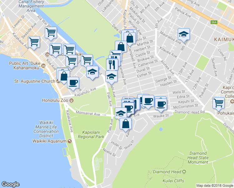 map of restaurants, bars, coffee shops, grocery stores, and more near 3015 Lakimau Street in Honolulu