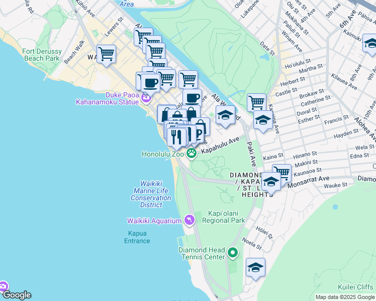 map of restaurants, bars, coffee shops, grocery stores, and more near 2570 Kalakaua Avenue in Honolulu