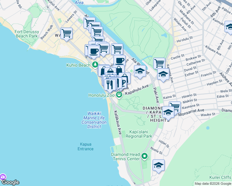 map of restaurants, bars, coffee shops, grocery stores, and more near 2570 Kalakaua Avenue in Honolulu