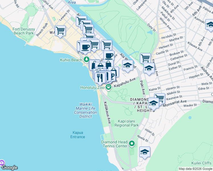 map of restaurants, bars, coffee shops, grocery stores, and more near 134 Kapahulu Avenue in Honolulu