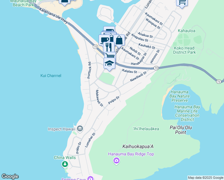 map of restaurants, bars, coffee shops, grocery stores, and more near 82 Nawiliwili Street in Honolulu