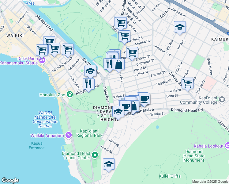 map of restaurants, bars, coffee shops, grocery stores, and more near 3012 Lakimau Street in Honolulu