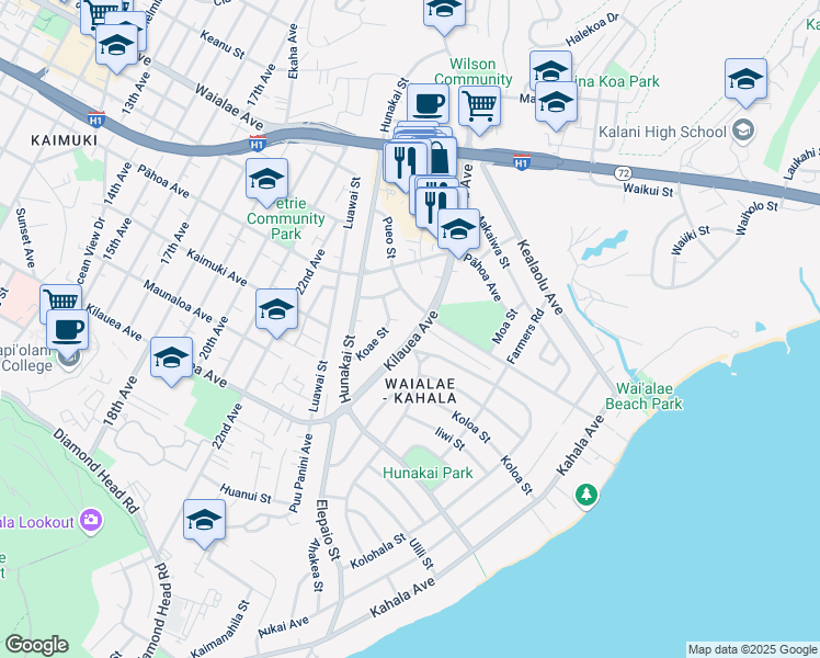 map of restaurants, bars, coffee shops, grocery stores, and more near 4449 Kilauea Avenue in Honolulu