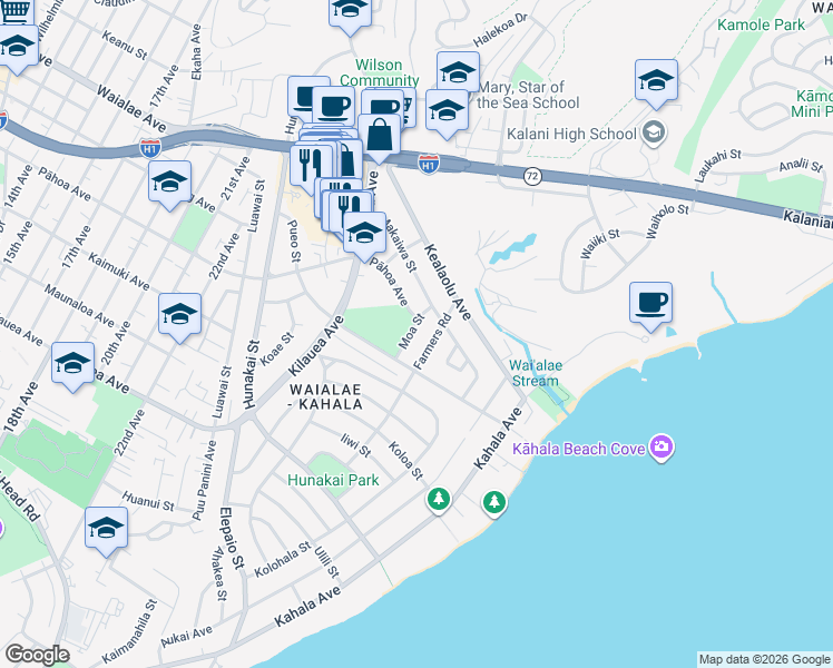 map of restaurants, bars, coffee shops, grocery stores, and more near 4741 Moa Street in Honolulu
