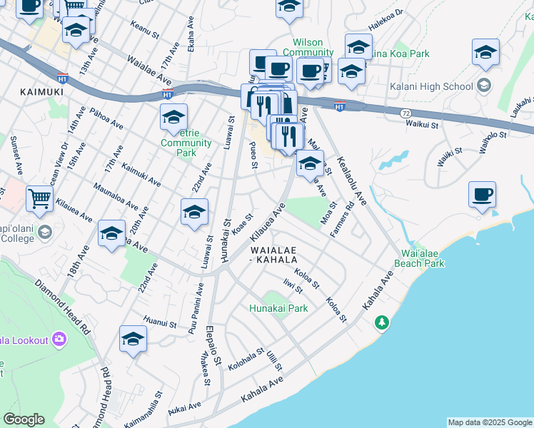 map of restaurants, bars, coffee shops, grocery stores, and more near 4449 Kilauea Avenue in Honolulu